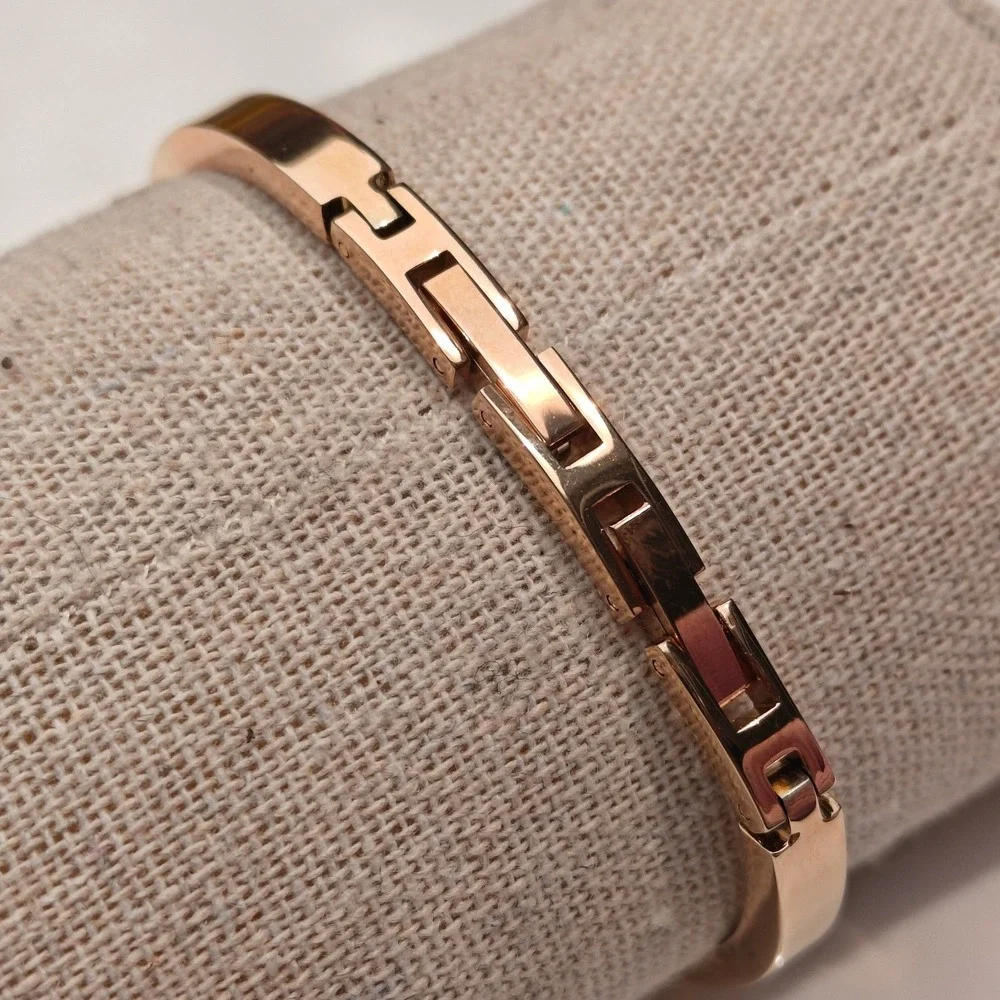 Rose Gold Tone Geometric Chain Link Cutout Hinged Bangle Bracelet Adjustable‎